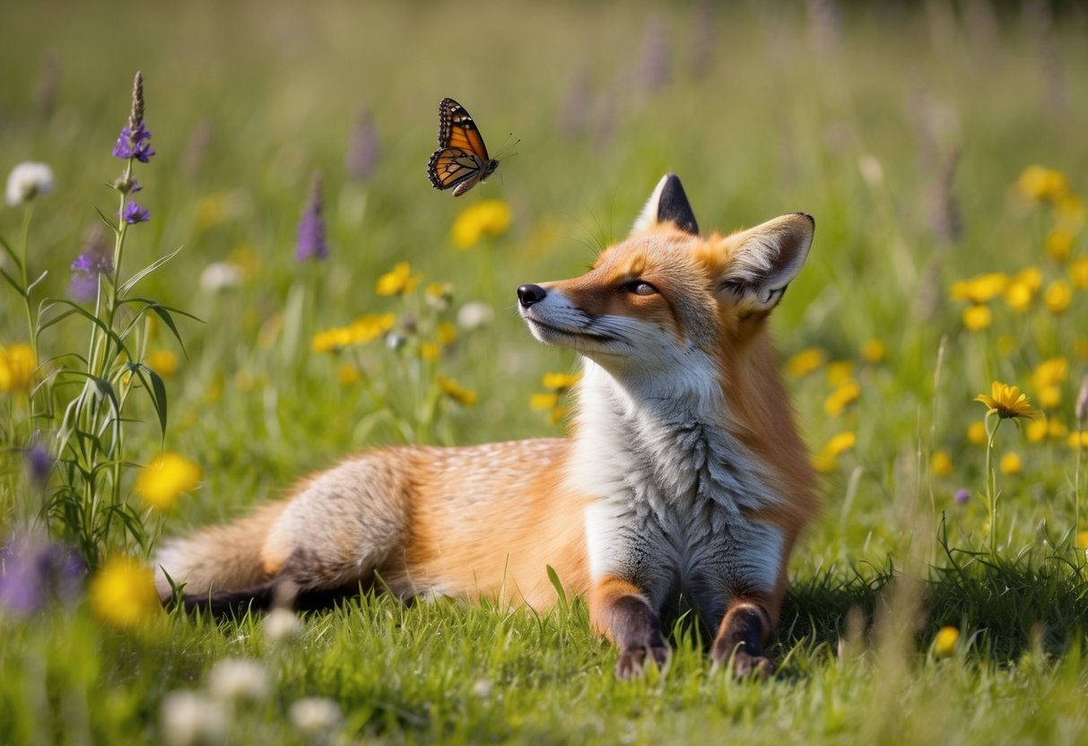 A fox lounges in a sun-dappled meadow, surrounded by wildflowers and tall grass. It lifts its head, alert and curious, as a butterfly flutters past