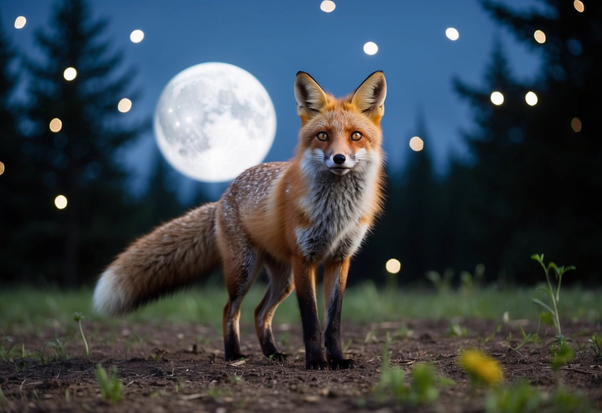 A fox with a lush, bushy tail stands in a moonlit forest clearing, surrounded by twinkling stars and a sense of mystery