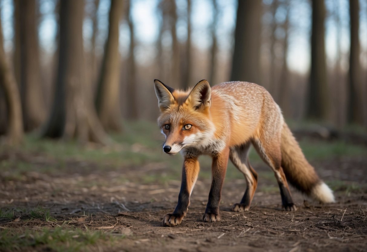 A fox cautiously approaches a small clearing in the woods, its bright eyes scanning the surroundings for any signs of danger