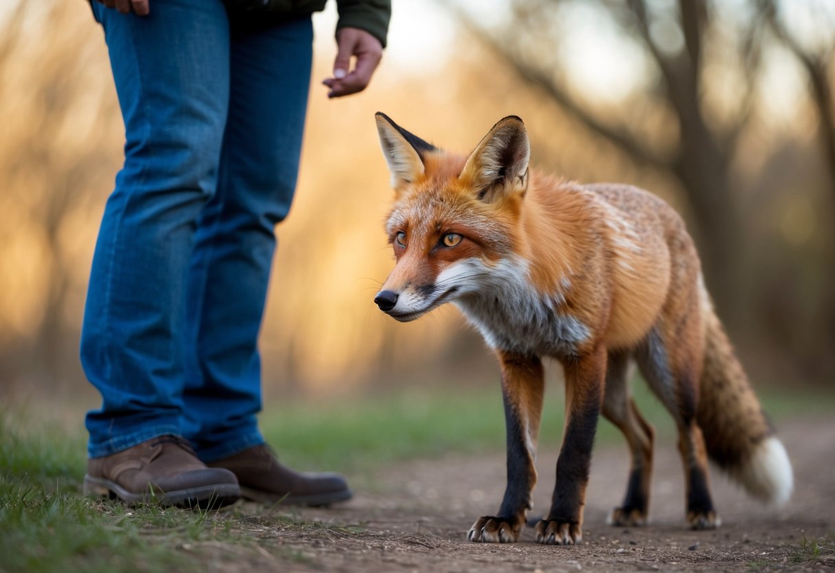 A fox cautiously approaches a human, ears perked and tail held low