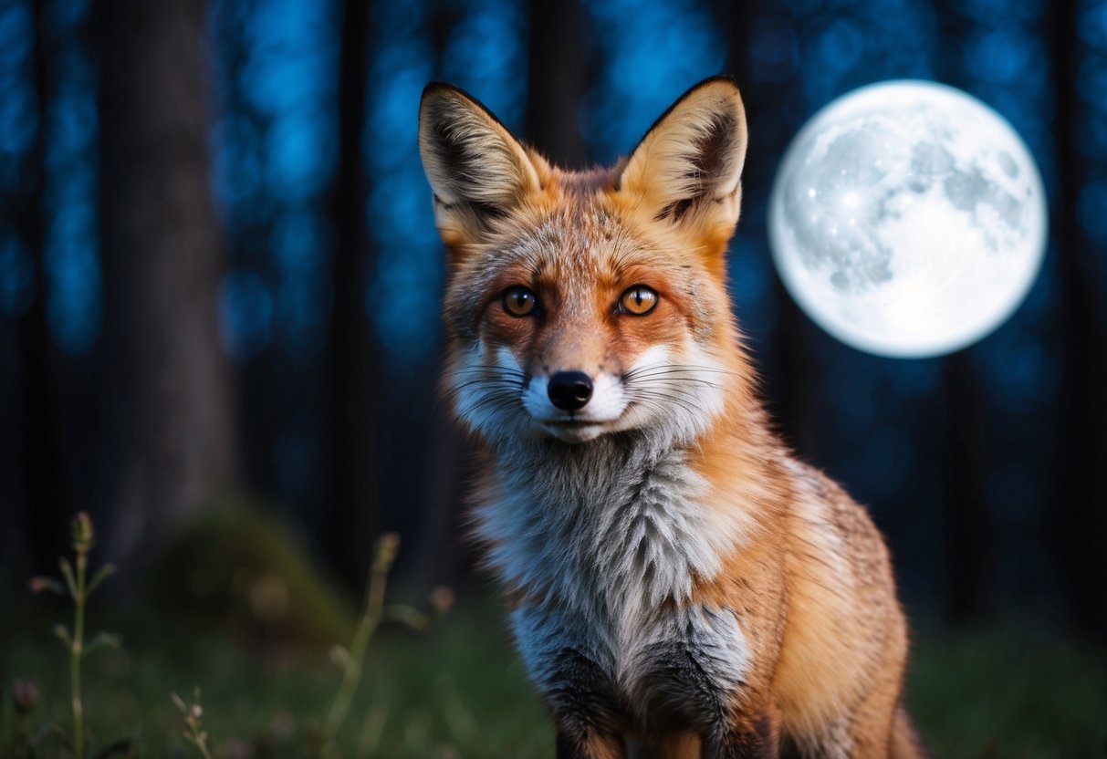 A fox with alert ears and bright eyes stands in a moonlit forest, its sleek fur shimmering in the darkness