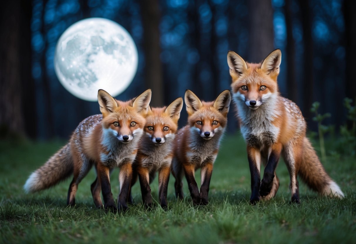 A fox family playfully explores a moonlit forest, their eyes gleaming with curiosity and mischief