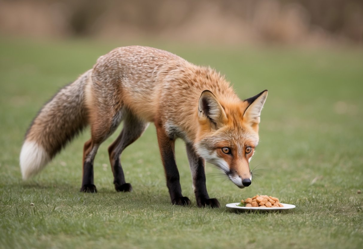 A fox approaches cautiously, ears perked, eyes alert. It sniffs the air, tail held low. Nearby, a small offering of food sits untouched