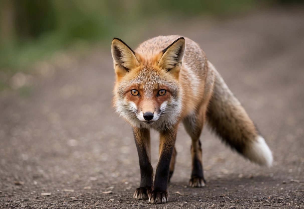 A fox approaches, ears perked, eyes focused, cautiously curious