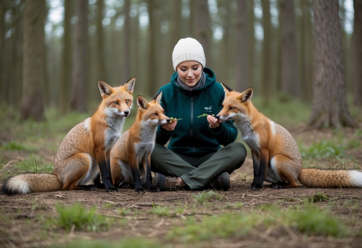 A person sits in a forest clearing, surrounded by curious foxes. They offer food and gentle gestures, building trust and forming a bond