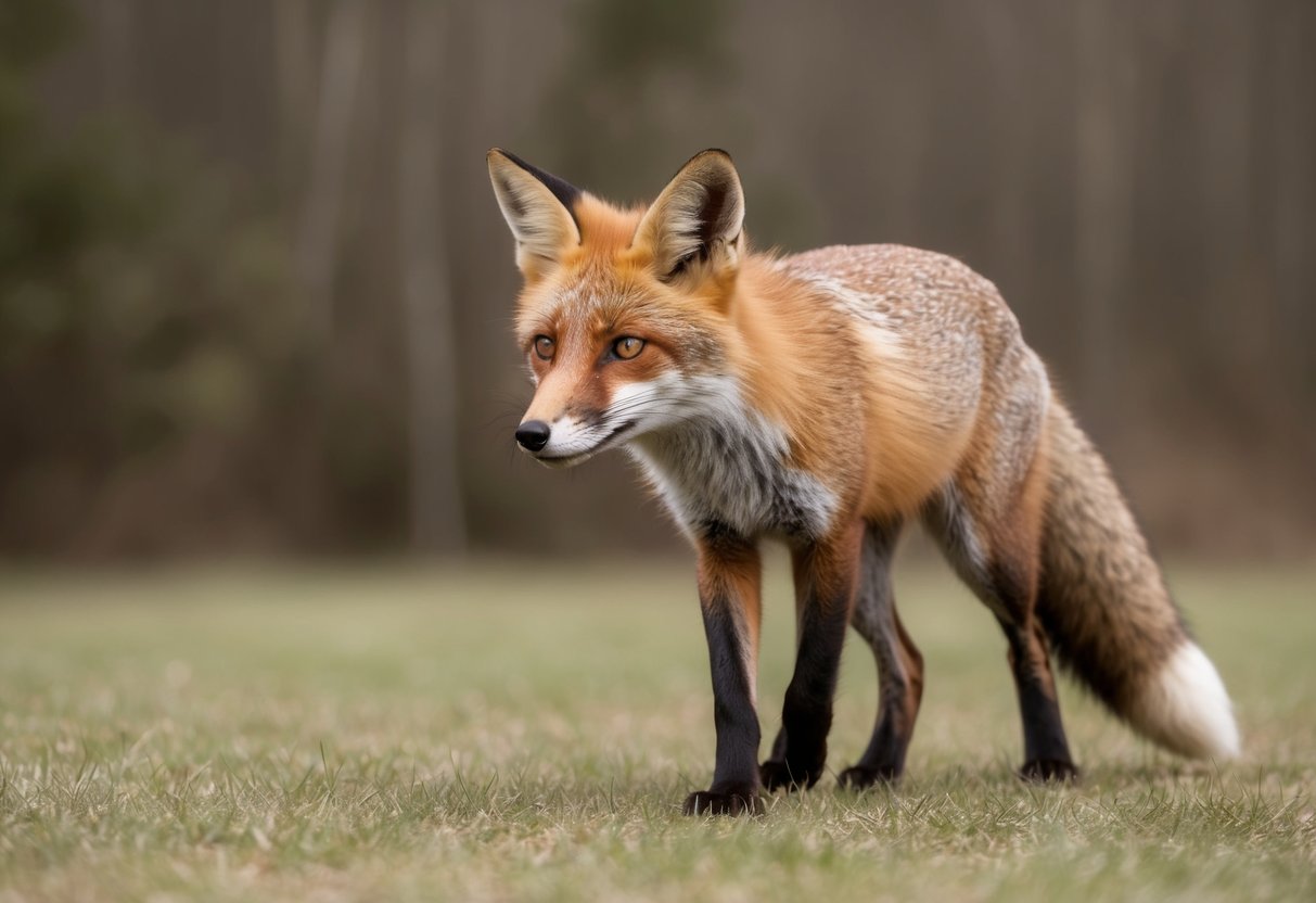 A fox cautiously approaches, ears forward and tail low, observing its surroundings with curiosity and caution