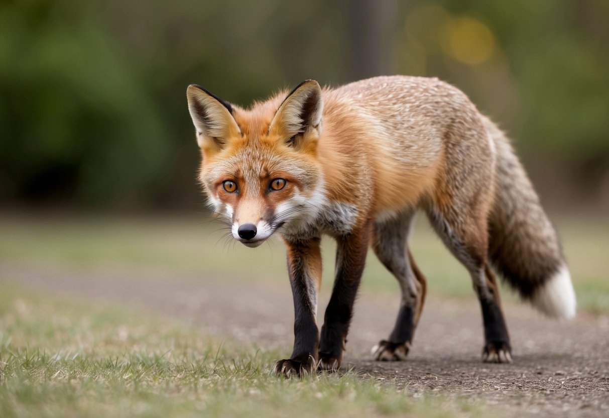 A fox cautiously approaches, ears perked and eyes alert. It assesses the surroundings before cautiously stepping closer