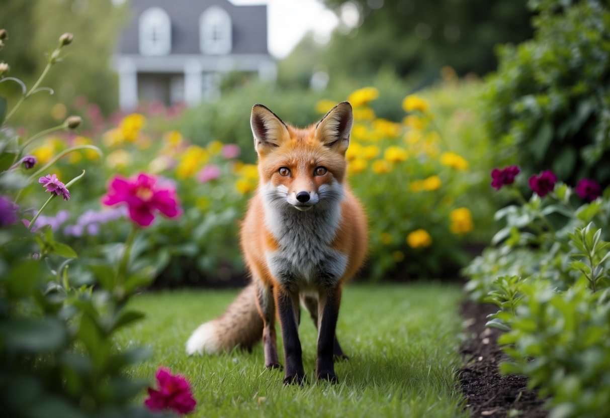 A fox in a lush garden, surrounded by flowers and greenery, with a distant house in the background