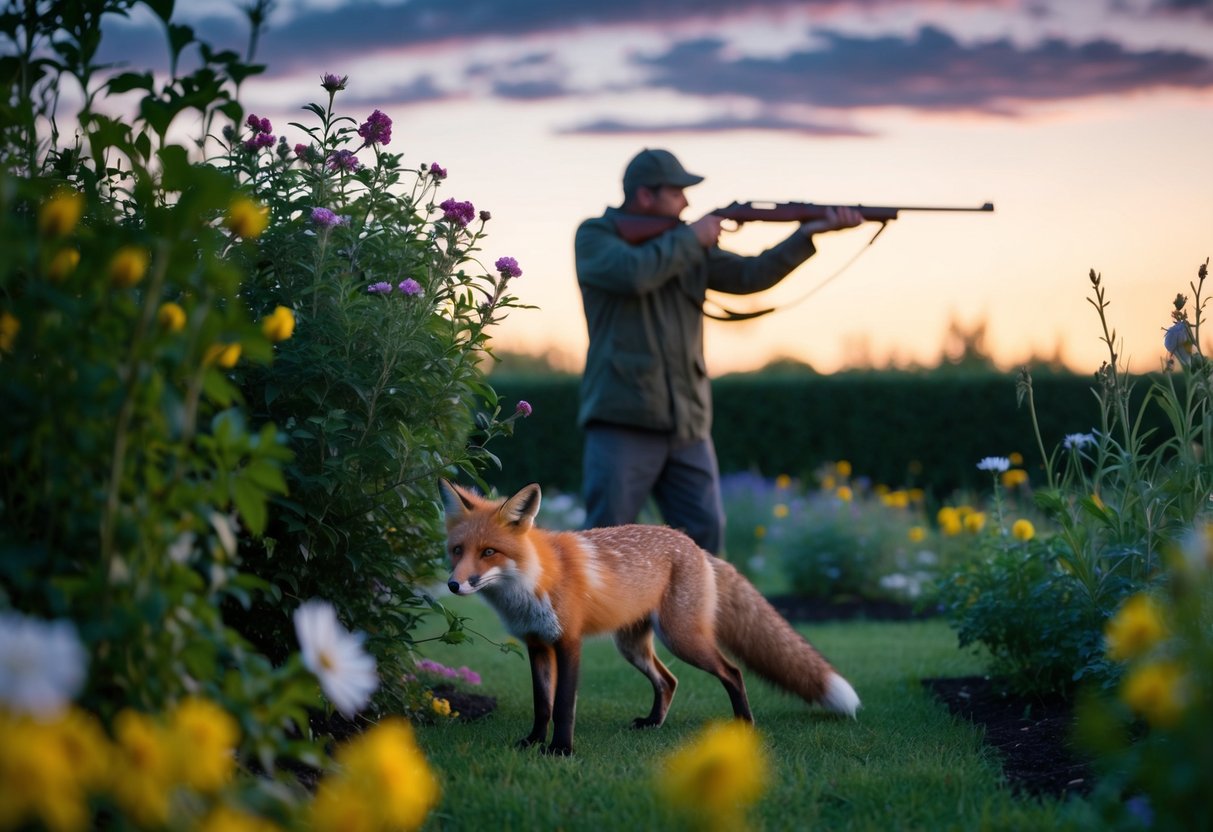 A garden at dusk with a fox scavenging among the flowers and bushes, while a figure in the distance aims a rifle