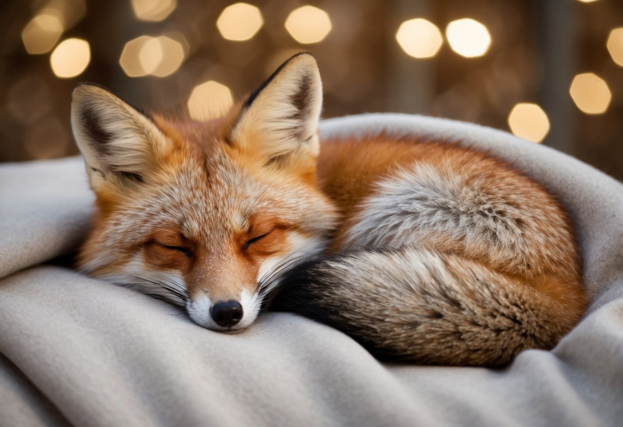 A fluffy red fox nuzzles against a cozy blanket, its eyes closed in contentment as it curls up in a cozy, cuddly pose