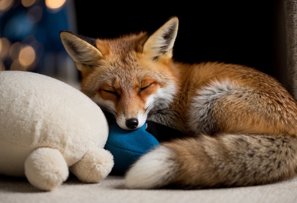 A pet fox nuzzles a plush toy, its tail wagging contentedly as it curls up in a cozy den