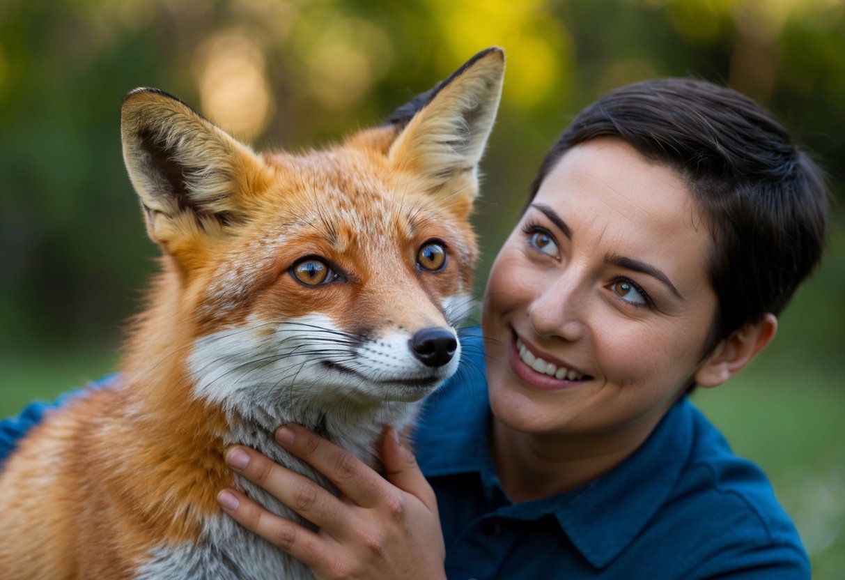 A pet fox nuzzles against its owner, looking up with big, affectionate eyes. The owner smiles warmly, petting the fox's soft fur