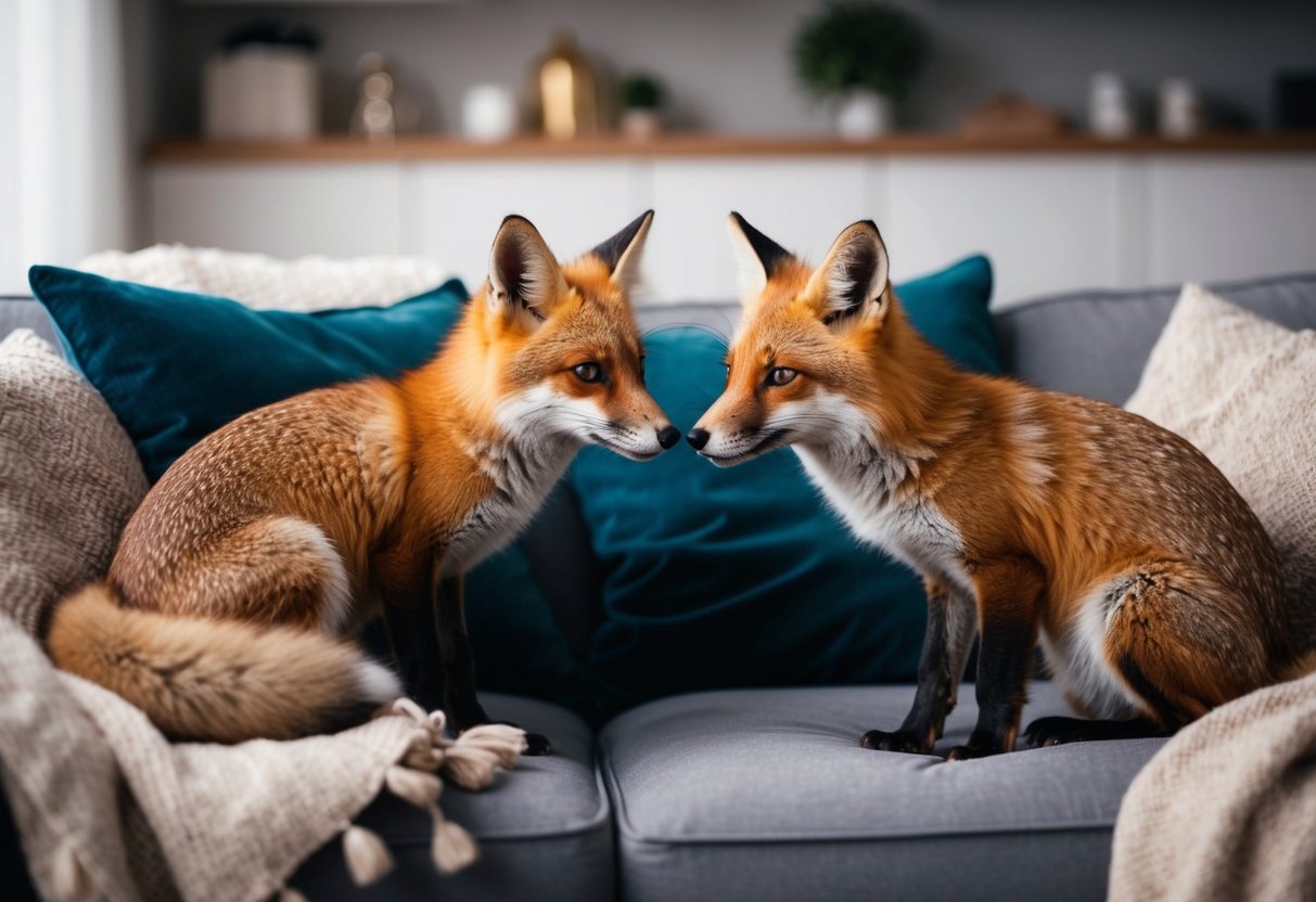 Two pet foxes nuzzle and playfully interact in a cozy living room, surrounded by warm blankets and pillows
