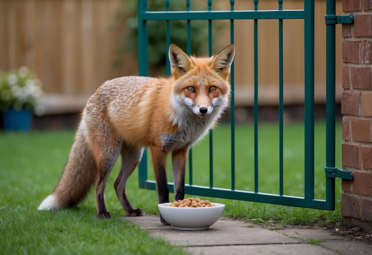 A fox eagerly waits by the garden gate, eyes fixed on a bowl of food left out by the owner