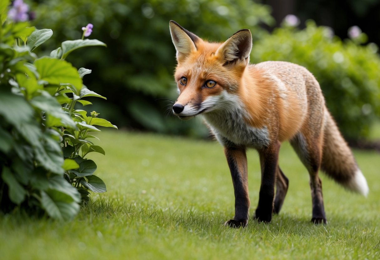 A fox cautiously approaches a lush garden, sniffing the air for potential food sources. It scans the area for any signs of danger before deciding whether to explore further