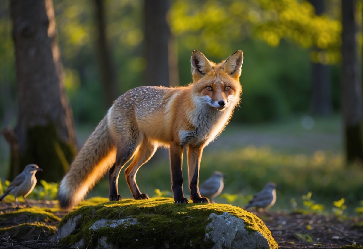 A fox stands on a mossy rock, its fur glowing in the golden light of the setting sun. The surrounding forest is tranquil, with vibrant greenery and birds chirping