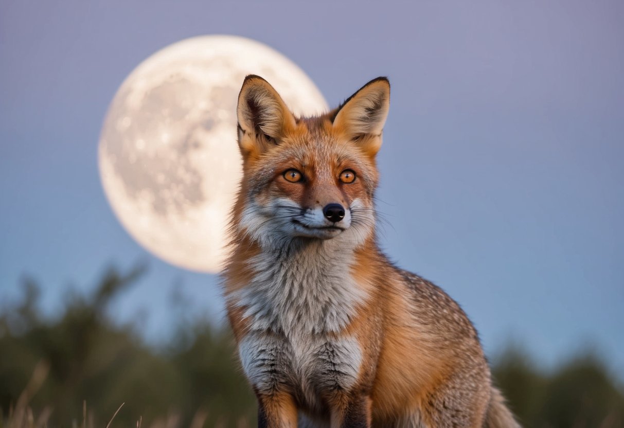 A fox stands beneath a full moon, its eyes gleaming with an otherworldly light as it gazes into the distance