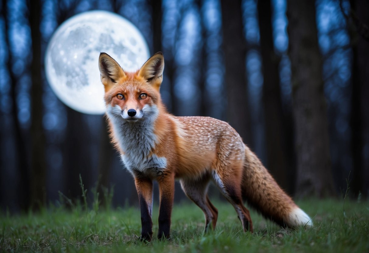 A fox stands alert in a moonlit forest, its eyes gleaming with intelligence and mystery