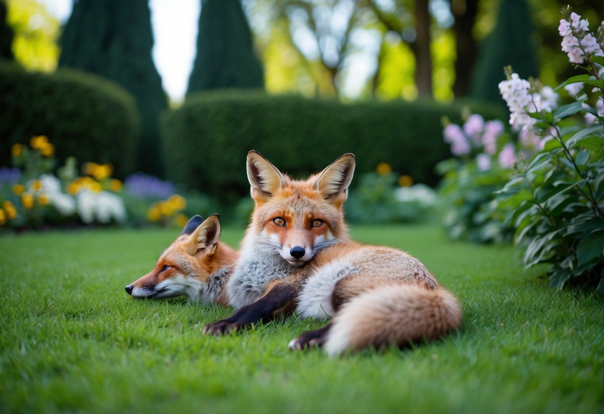 A fox is being gently laid to rest in a lush garden, surrounded by blooming flowers and tall trees