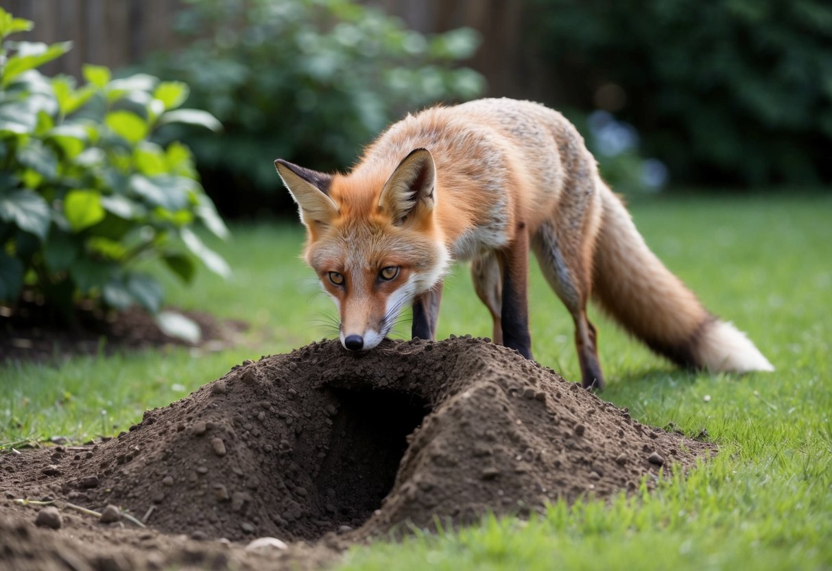 A fox digs a shallow hole in a garden, carefully covering a small animal with dirt, then swiftly disappearing into the surrounding foliage