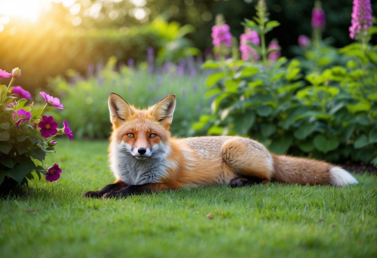 A fox lies peacefully in a lush garden, surrounded by vibrant flowers and greenery. The sun shines down, casting a warm glow over the serene scene