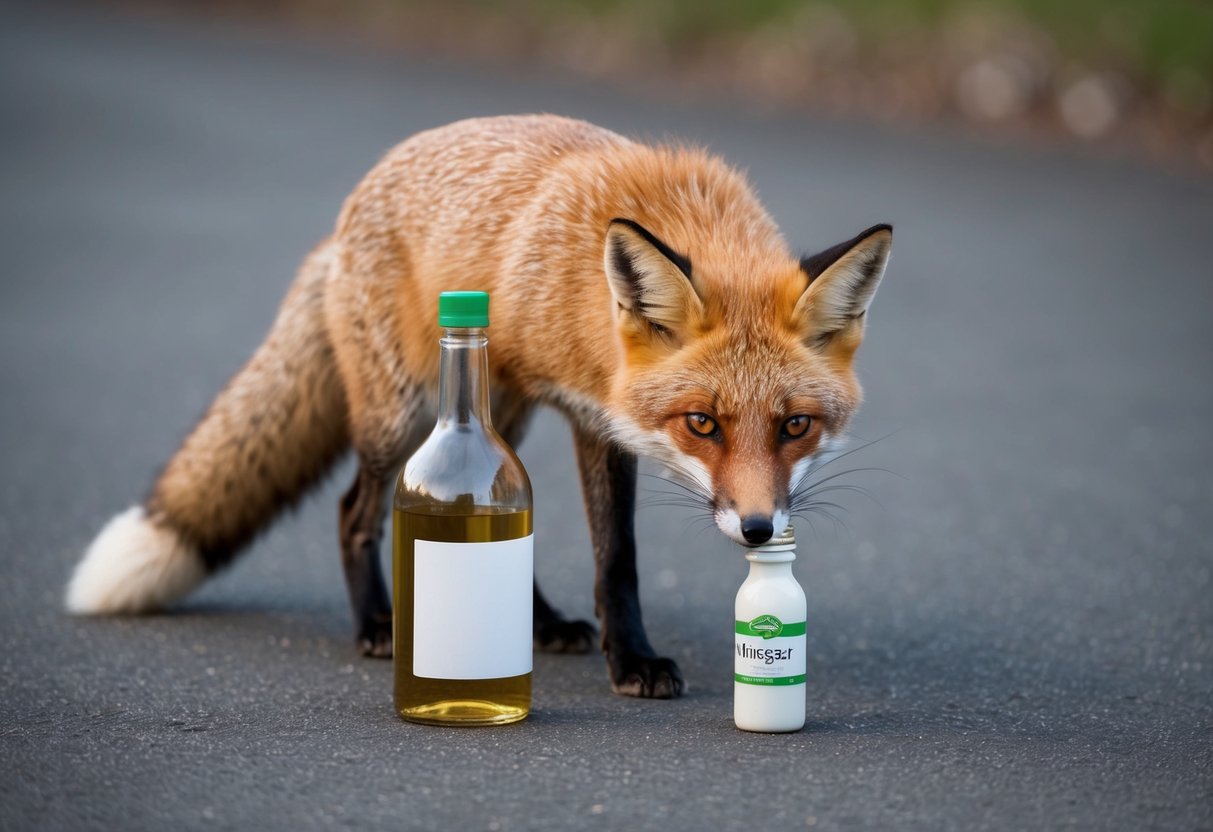 A fox sniffing a bottle of white vinegar and then quickly scampering away from it