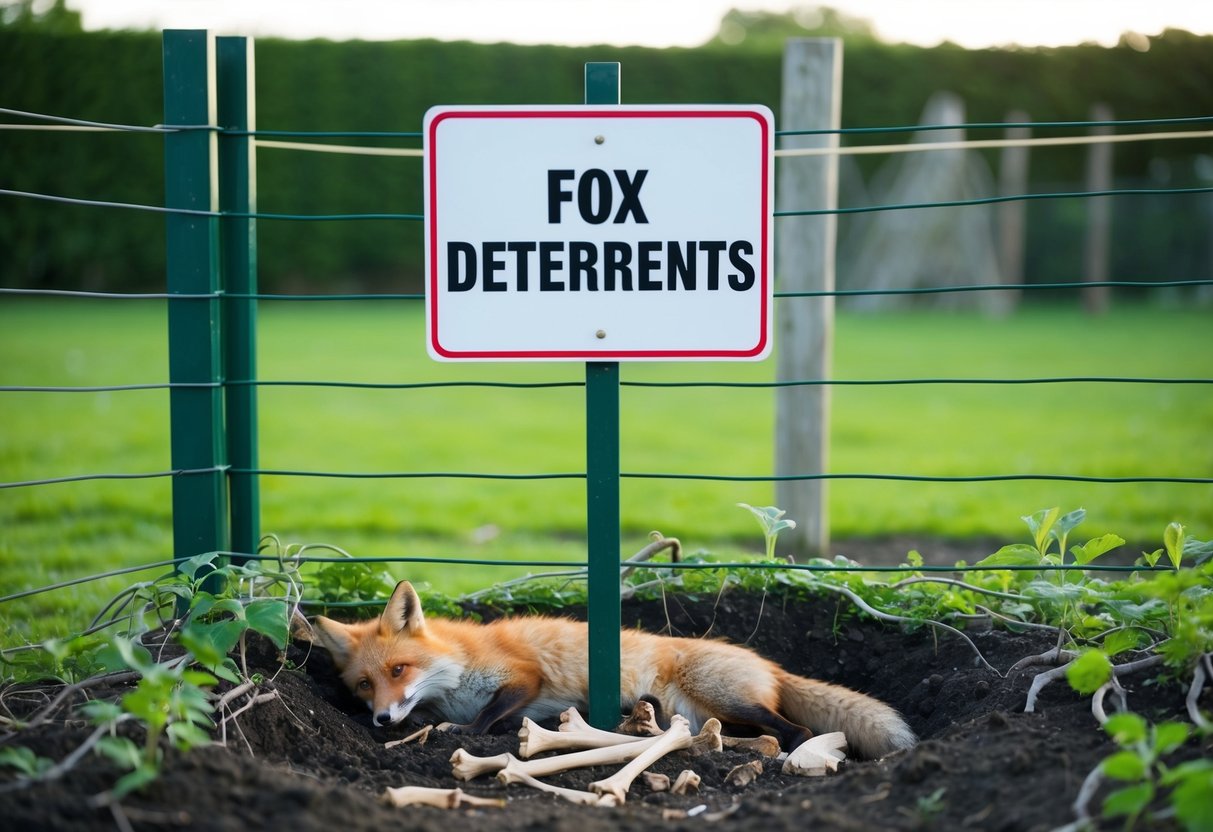 A garden surrounded by a sturdy fence with a sign reading "Fox Deterrents." A buried fox carcass lies beneath the soil, surrounded by scattered bones and a tangle of roots