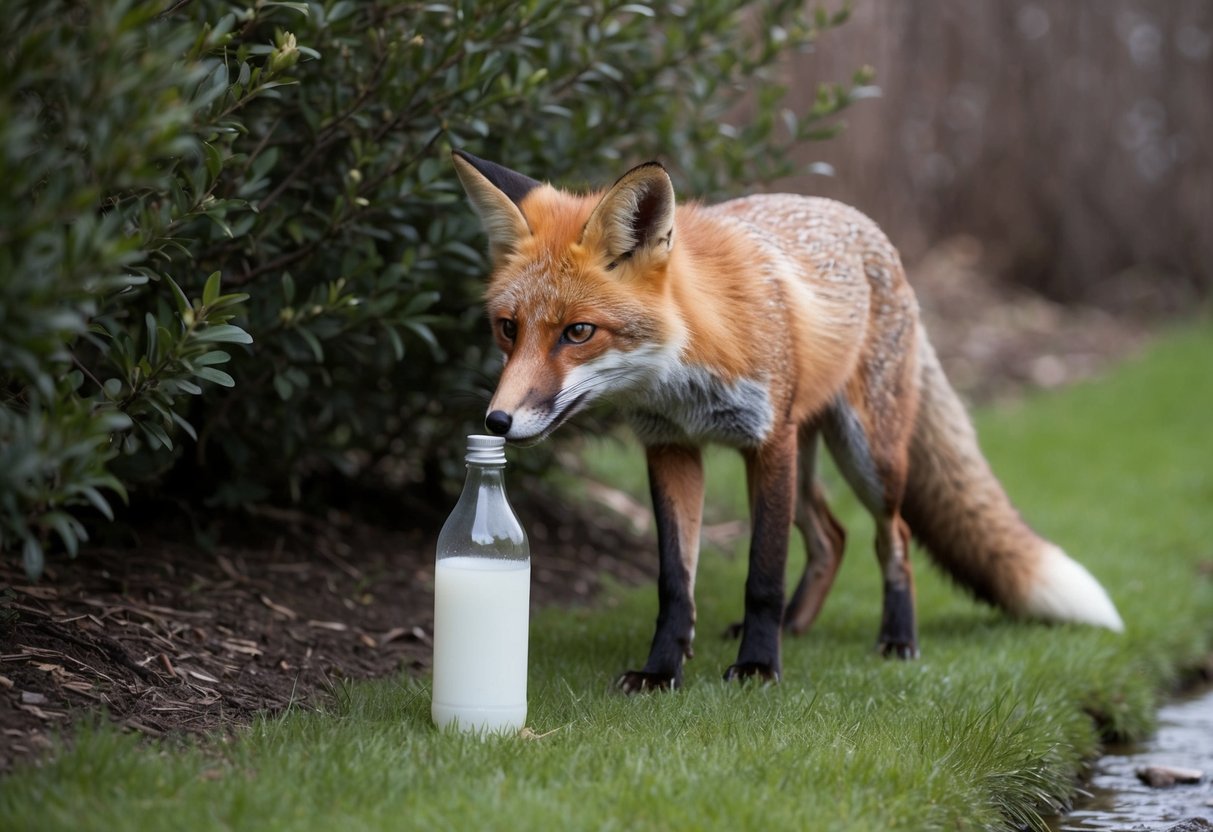 A fox cautiously sniffs a bottle of white vinegar placed near a garden, then quickly retreats, avoiding the area. The surrounding habitat includes dense shrubbery and a small stream