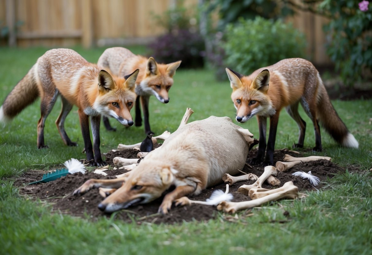 A fox carcass lies buried in a garden, surrounded by scattered bones and feathers. Nearby, other foxes cautiously sniff the air