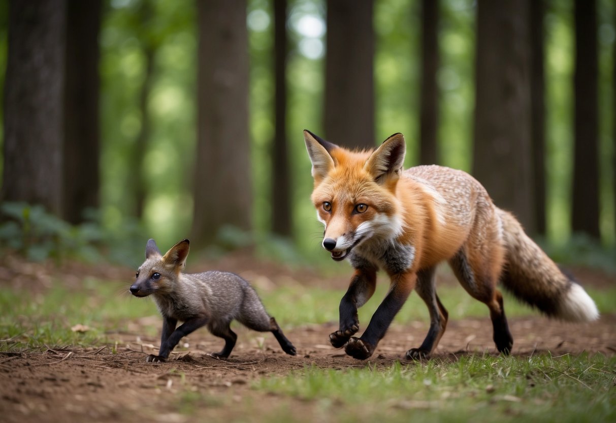 A fox chasing a small animal through a dense forest