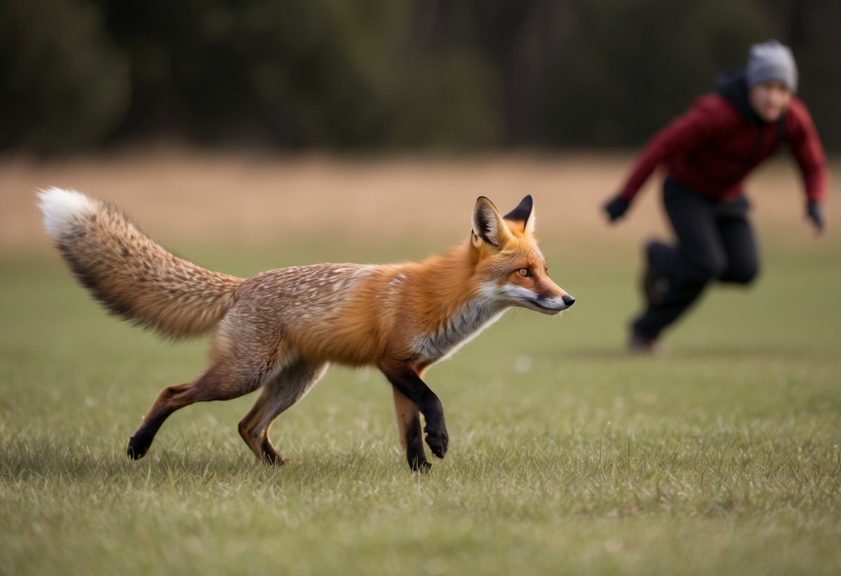 A fox with raised tail and ears approaches a fleeing figure