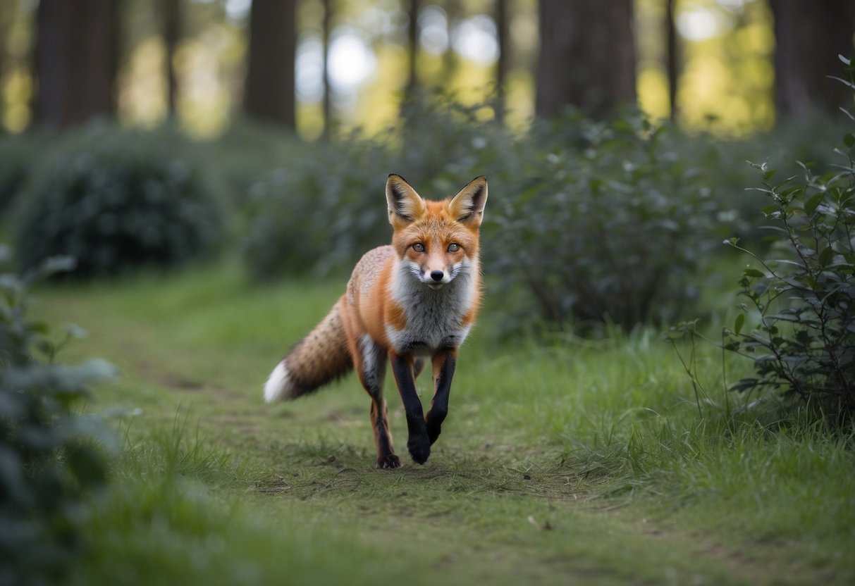 A fox running through a dense forest, with trees and bushes in the background