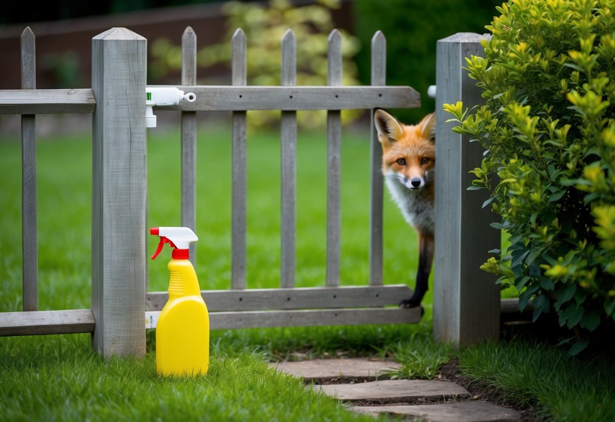 A garden surrounded by a fence with a spray bottle of white vinegar placed at the entrance, while a curious fox peers from behind a nearby bush
