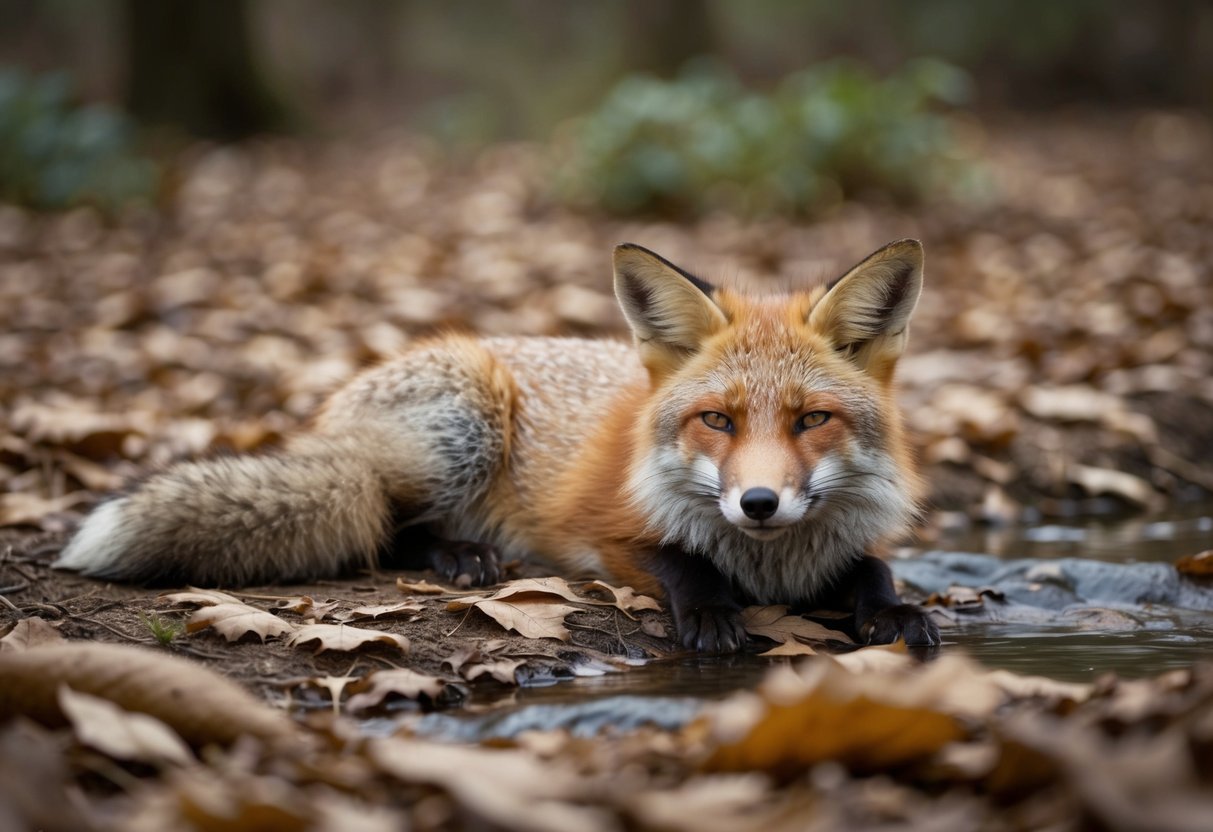 A fox lays in a clearing, eyes half-closed, surrounded by fallen leaves. A small stream trickles nearby, offering a glimmer of hope