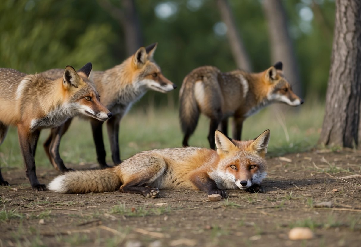 A fox lies motionless in a clearing, its fur matted and eyes half-closed. Surrounding animals look on with concern, while a gentle breeze rustles the nearby trees