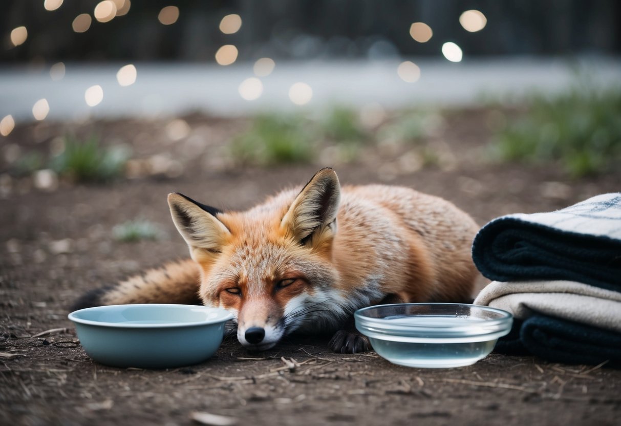 A fox lying on the ground, shallow breaths, eyes half-closed. Nearby, a bowl of water and a pile of blankets