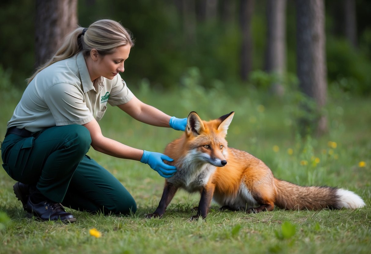 A wildlife professional gently administers care to a dying fox in a tranquil forest clearing