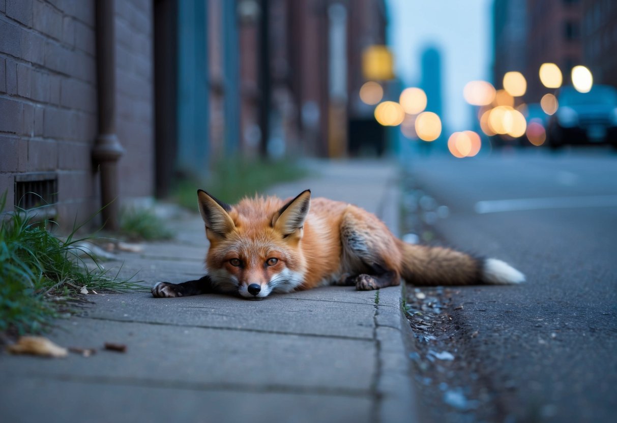 A dying fox lies in a quiet urban alley, surrounded by soft moonlight and the distant hum of city life