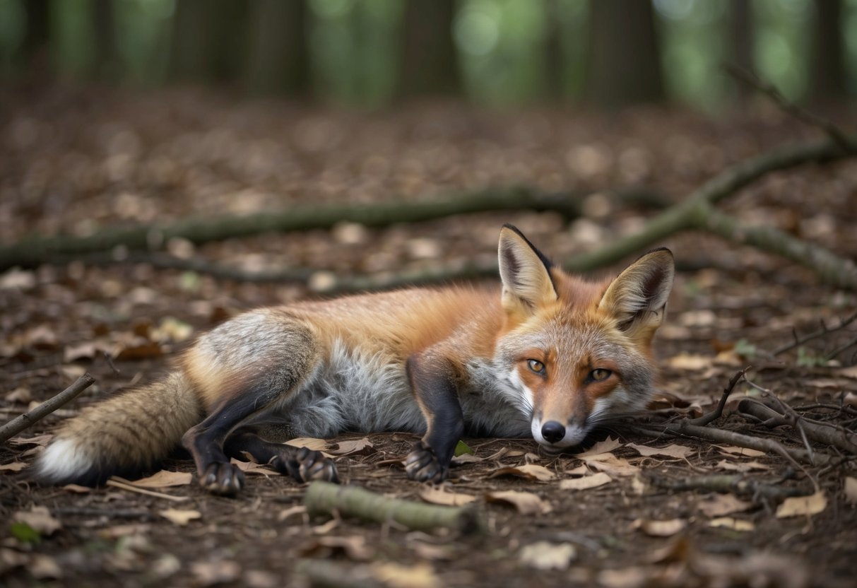 A dead fox lies on the forest floor, surrounded by fallen leaves and twigs. Its body is still and peaceful, with no signs of movement