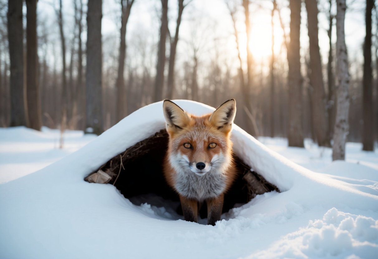 A fox emerges from a den in a snowy forest, surrounded by bare trees and a hint of winter sunlight