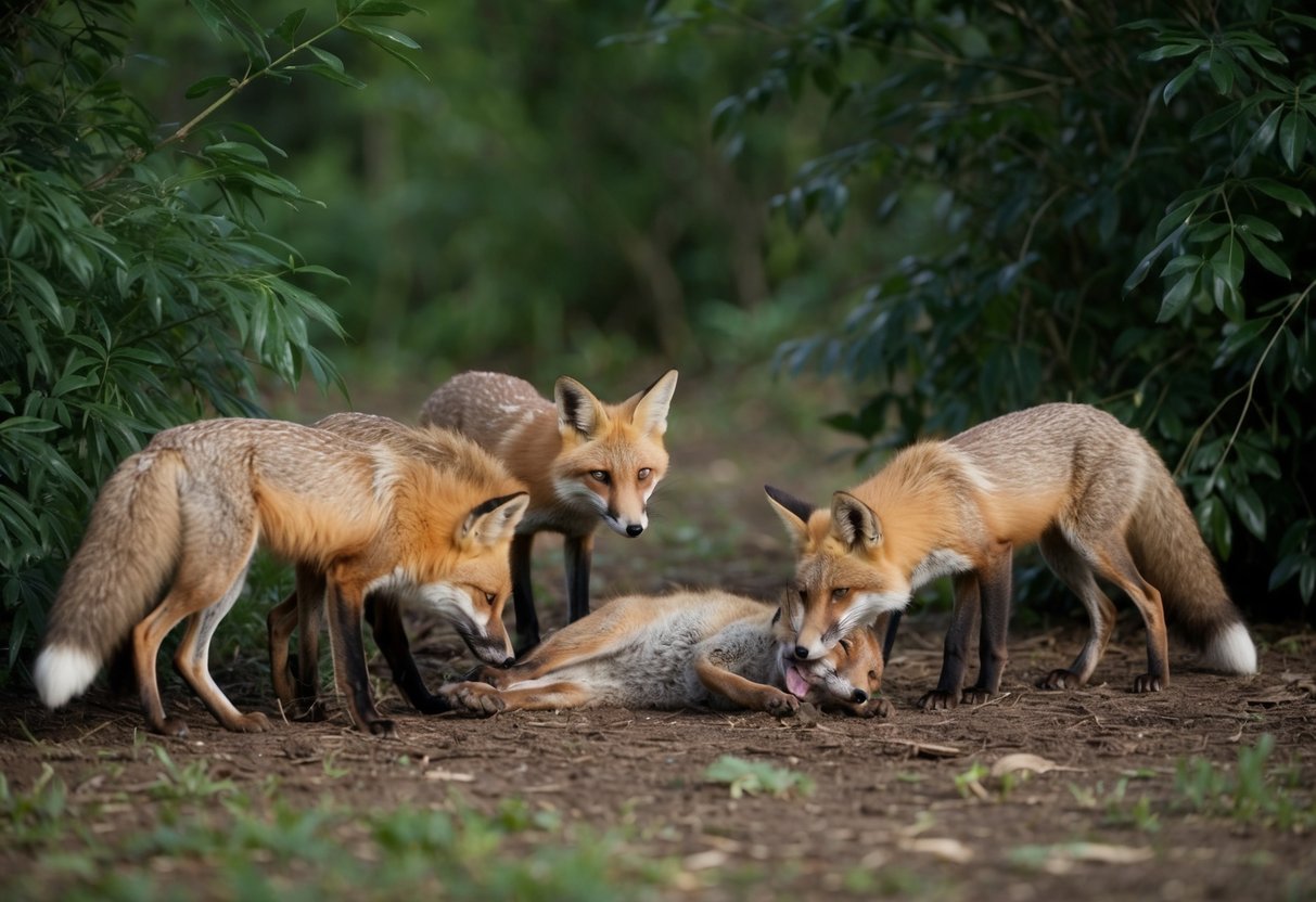 A dead fox lies in a clearing, surrounded by dense foliage. Other foxes cautiously approach, sniffing and observing the carcass