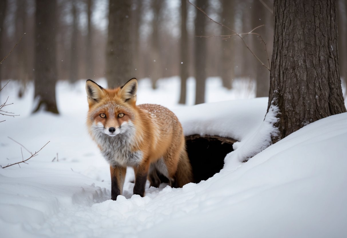 A fox emerges from its den in a snowy forest, its fur thick and fluffy for the winter. The trees are bare and the ground is covered in a light dusting of snow