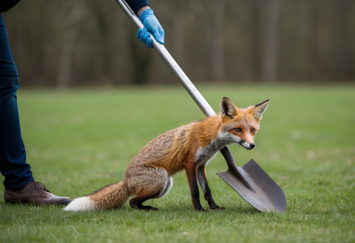 A shovel gently lifts a deceased fox from the ground, while a respectful distance is maintained by the person performing the removal