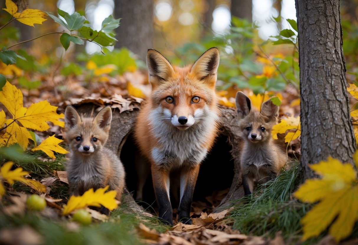 A fox emerges from its den, surrounded by vibrant autumn foliage and curious woodland creatures