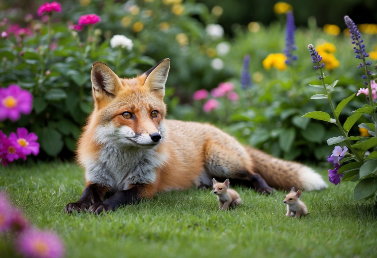 A fox lounges in a lush garden, surrounded by vibrant flowers and curious small animals