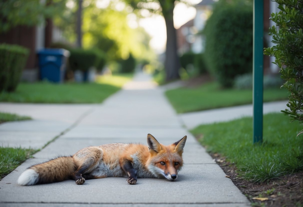 A dead fox lies near a sidewalk in a residential neighborhood, surrounded by greenery and a peaceful atmosphere