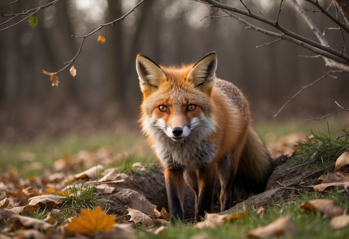 A red fox emerges from its den in the crisp autumn morning, surrounded by fallen leaves and bare branches