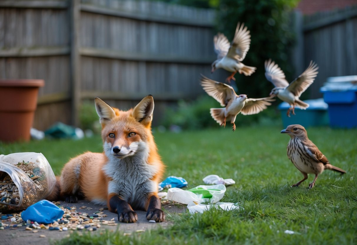 A fox lounges in a backyard, surrounded by scattered trash and a torn bag of birdseed. Nearby, a group of startled birds takes flight