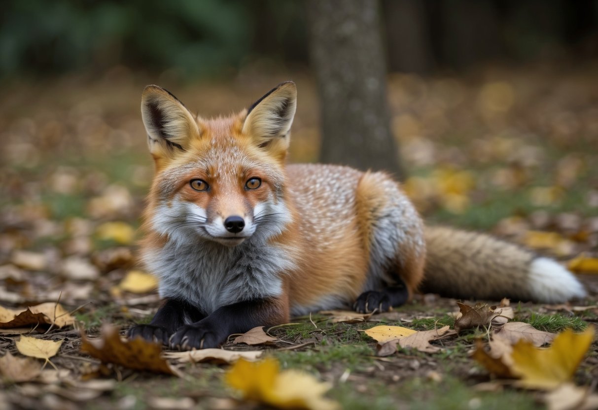 A fox lying still on the ground, surrounded by fallen leaves and twigs