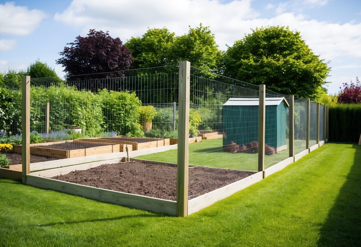 A sturdy fence encloses a well-kept garden with raised beds and a chicken coop. Mesh wire is buried along the perimeter to prevent foxes from digging underneath